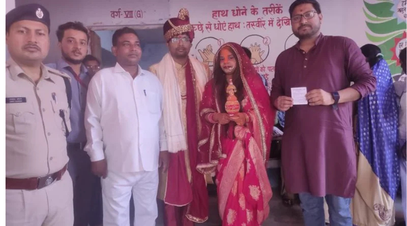 The newlywed couple attracted attention at a polling center in Bihar’s Jamui Lok Sabha constituency.