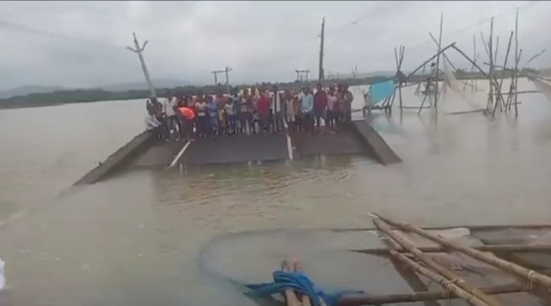 Two pillars of a bridge floated in the Ganga River in Katihar.