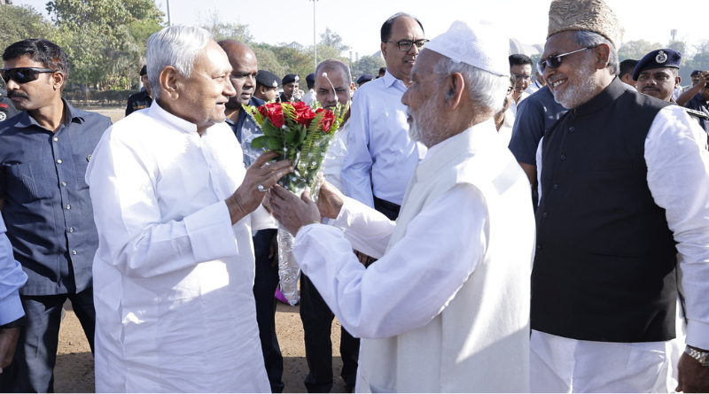 Nitish Kumar extends Eid greetings, joins prayers at Patna’s Gandhi Maidan.