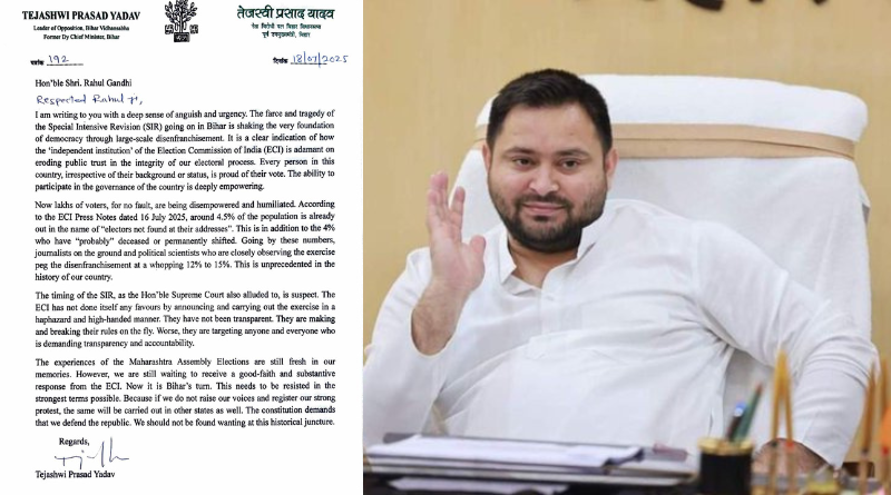 Tejashwi Yadav writes to Rahul, Kharge, Mamta, and Akhilesh on Bihar voter list revision, warns of large-scale disenfranchisement.