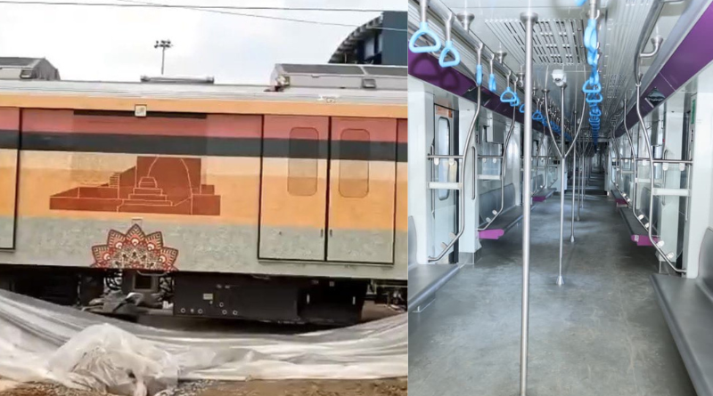 Patna metro bogies decked in saffron, showcasing Bihar’s cultural heritage.