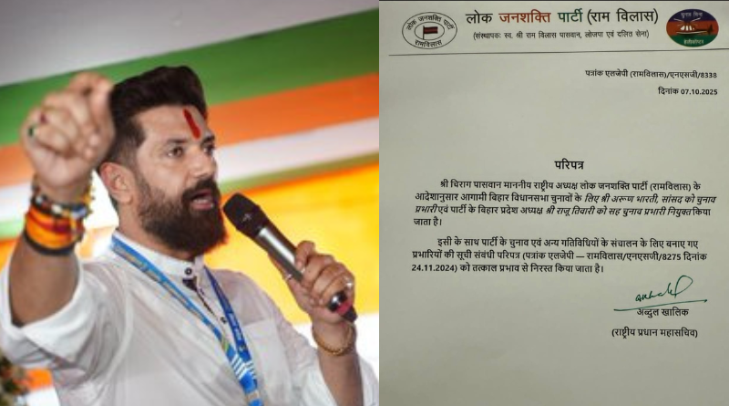 Chirag Paswan appoints Arun Bharti, Raju Tiwari as key election in-charge ahead of Bihar poll 2025.