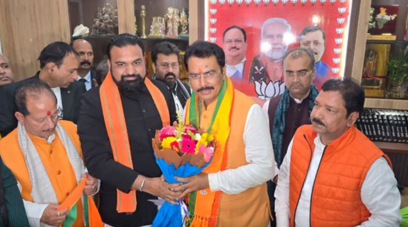 Sanjay Saraogi assumes charge as the BJP Bihar state president in Patna.